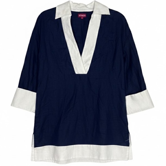 STAUD Tops - STAUD Navy Blue Linen Tunic Blouse with White Contrast Trim XS Women’s EUC